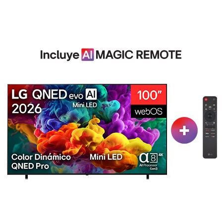The front view of LG QNED evo AI QNED85 Mini LED, released in 2026, fills the screen with vivid, fluid bursts of multicolored, paint-like motion, as dense clouds of color blend seamlessly across the display.